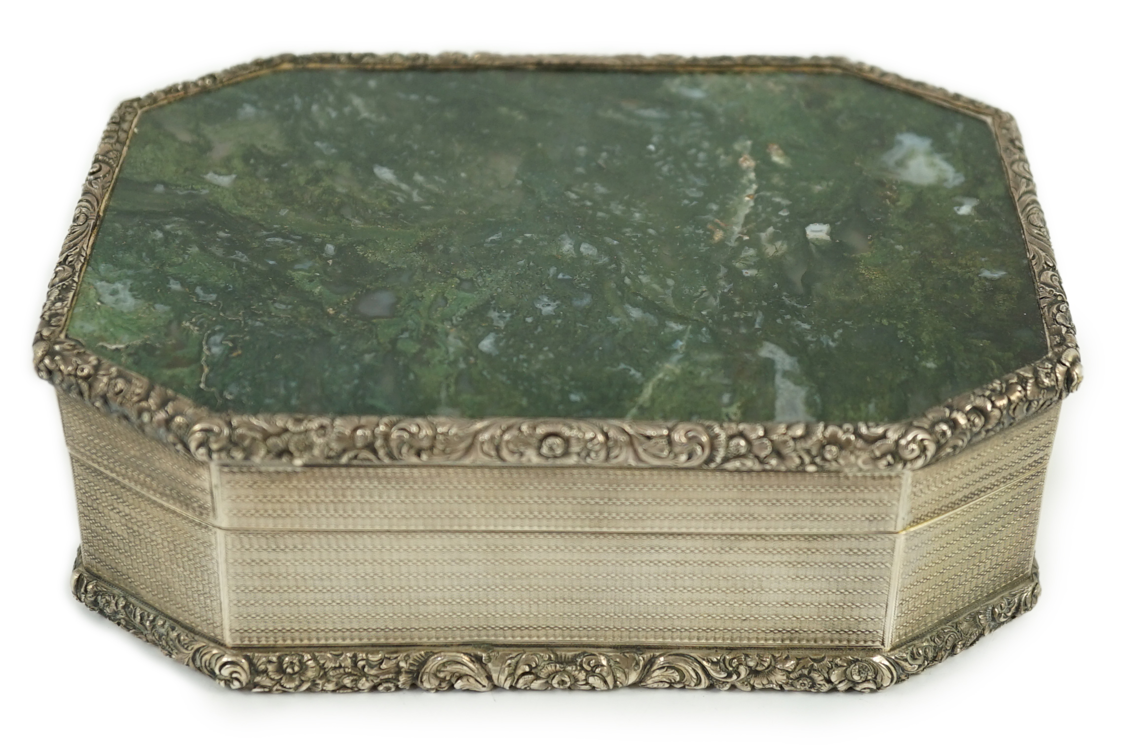 An early Victorian engine turned silver and inset moss agate box and cover, by Sampson Mordan I